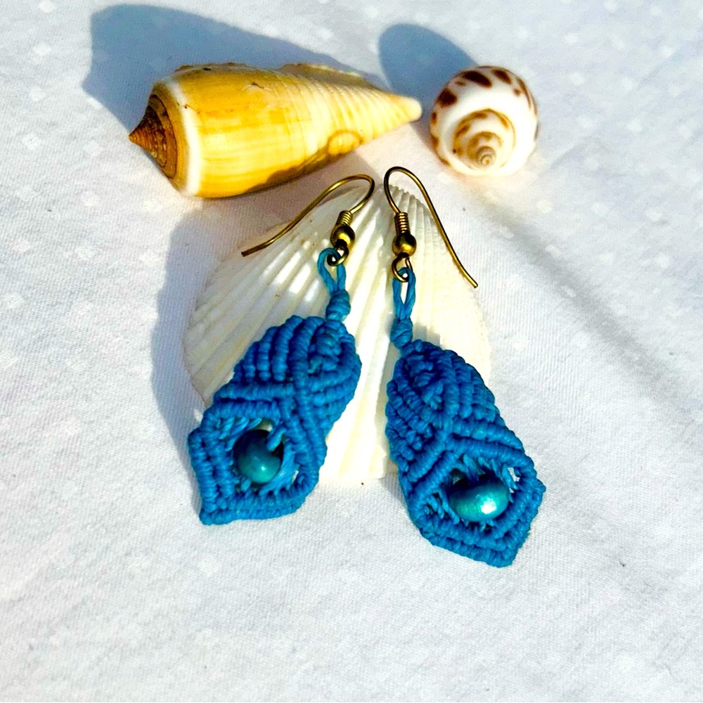 Macrame Earrings Wood Bead Blue Hand Made